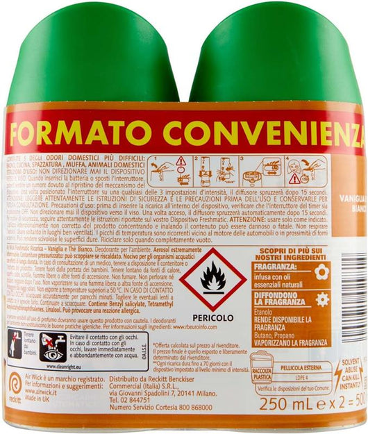 AIR WICK SET DA 2 PZ FRESHMATIC RICARICA SPRAY AUTOMATICO POTERE NEUTRALIZZA ODORI INFUSO CON OLI ESSENZIALI NATURALI FRAGRANZA VANIGLIA E THÈ BIANCO 250 ML