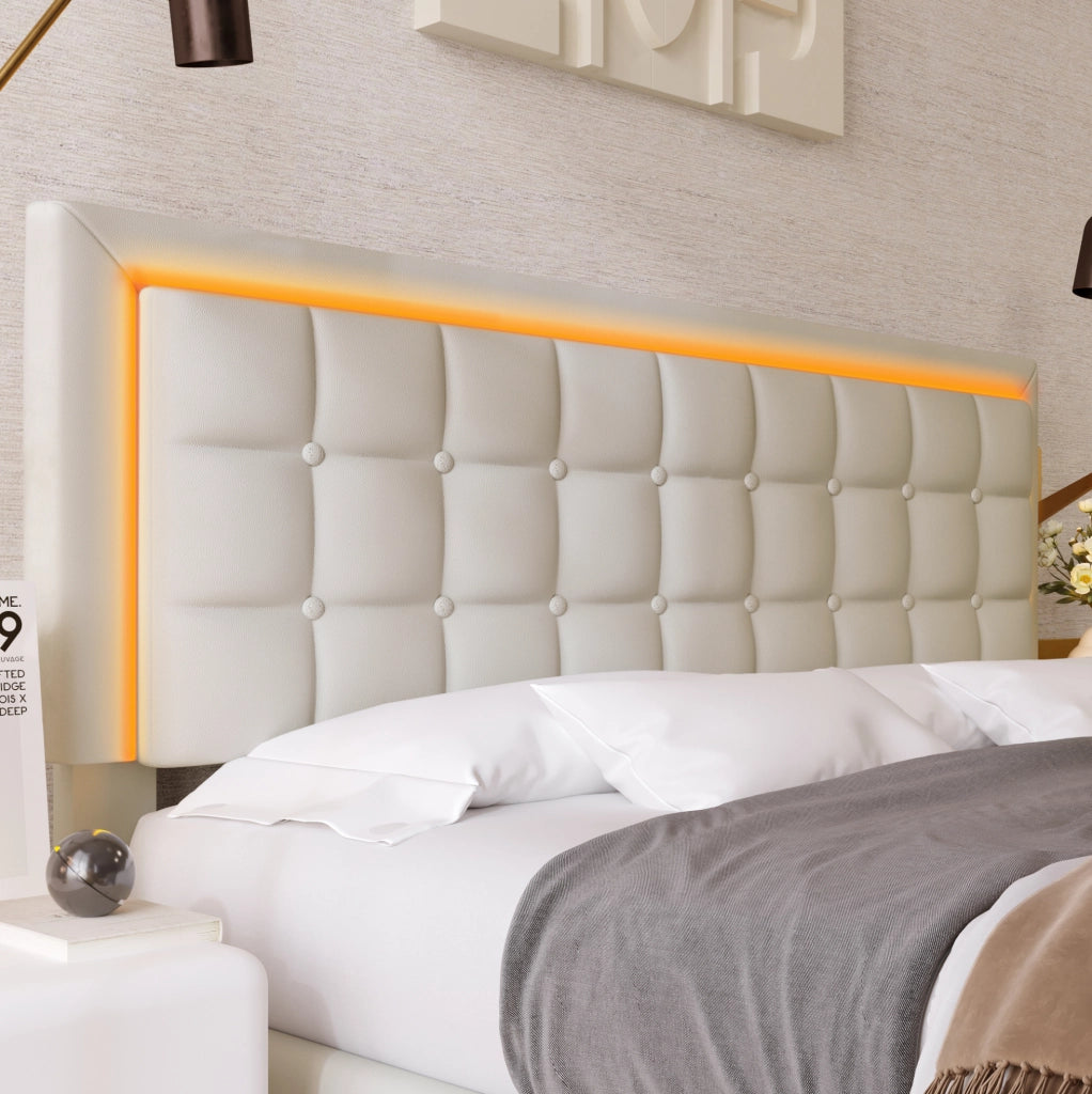 Letto matrimoniale 140x200 cm con contenitore sollevabile e LED; in PU bianco