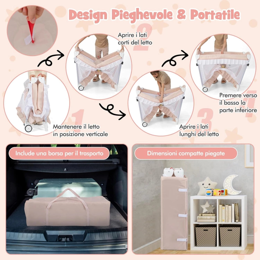 Lettino da Campeggio per Bambini, Culla Pieghevole con Fasciatoio Zanzariera, Box Neonati con Giocattoli, Ruote, per Bambini 0-36 Mesi (Rosa)