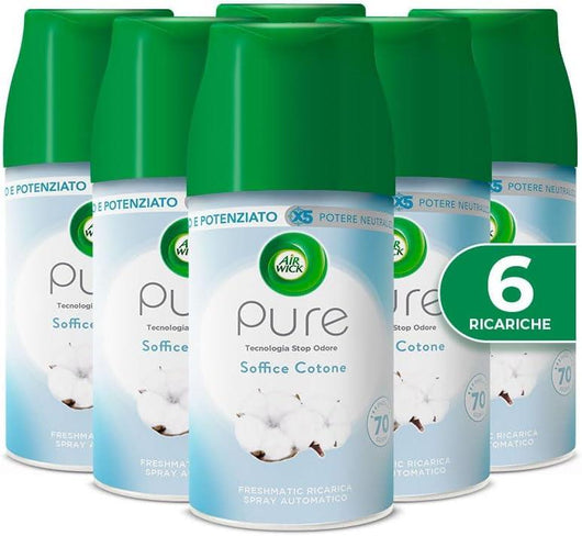 AIR WICK SET DA 6 PZ PURE FRESHMATIC RICARICA SPRAY AUTOMATICO POTERE NEUTRALIZZA ODORI FRAGRANZA SOFFICE COTONE FINO A 70 GIORNI 250 ML