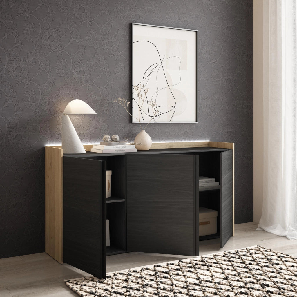 Credenza, Mobile, Cucina, 156x80x35 cm, 3 Porte, LED, Nero e rovere