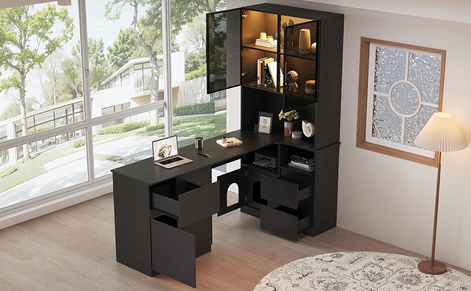 Scrivania angolare con vetrina LED, 3 cassetti, 2 ante e vani aperti, per studio, in MDF nero, 120 × 80 × 180 cm