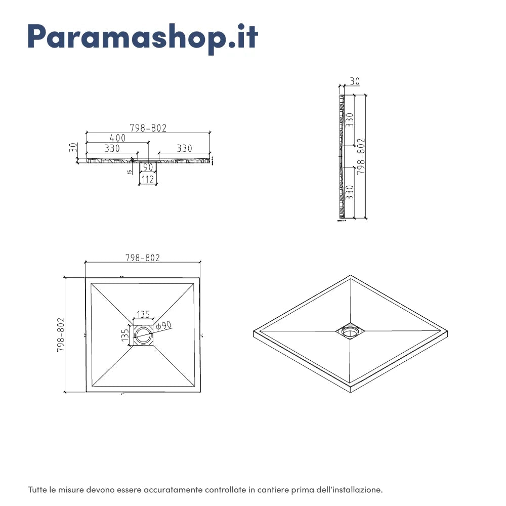 Piatto doccia quadrato 80x80 cm in marmoresina bianco effetto pietra h3 cm | Milos