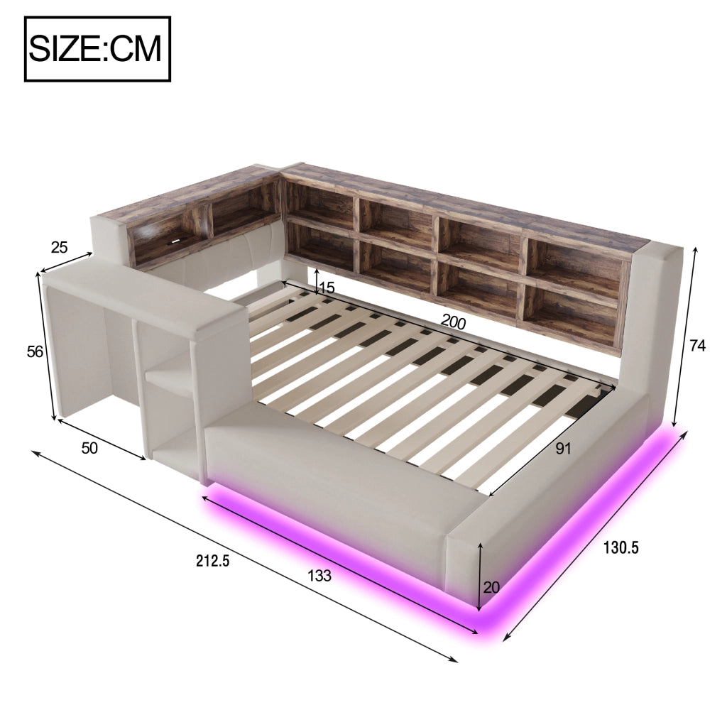 Letto imbottito 90 x 200 cm con testiera imbottita, vani contenitore integrati, LED, prese e comodino laterale, grigio chiaro