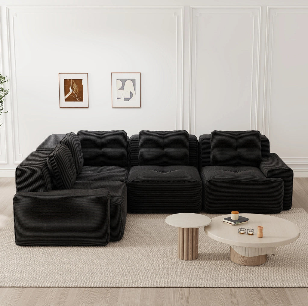 Divano angolare modulare 295x206x69 cm in velluto a coste nero; senza montaggio