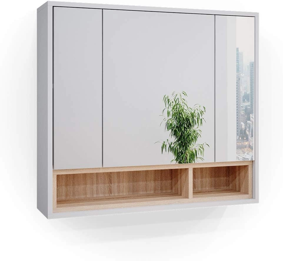 Specchio contenitore bagno Beatrice, Bianco, 80 x 72 cm, per montaggio a parete con ripiani aperti
