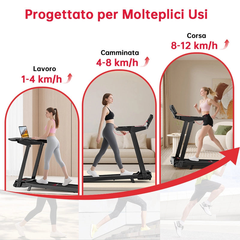 TAPIS ROULANT ELETTRICO COMPATTO PIEGHEVOLE PER LA CASA CON DISPLAY LED E DUE PORTABICCHIERI