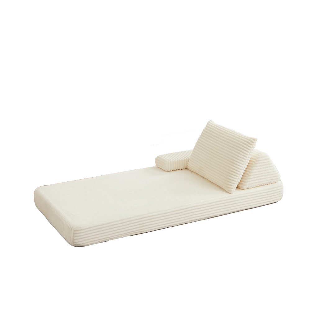 Divano modulare in velluto a coste beige con schienali e braccioli mobili