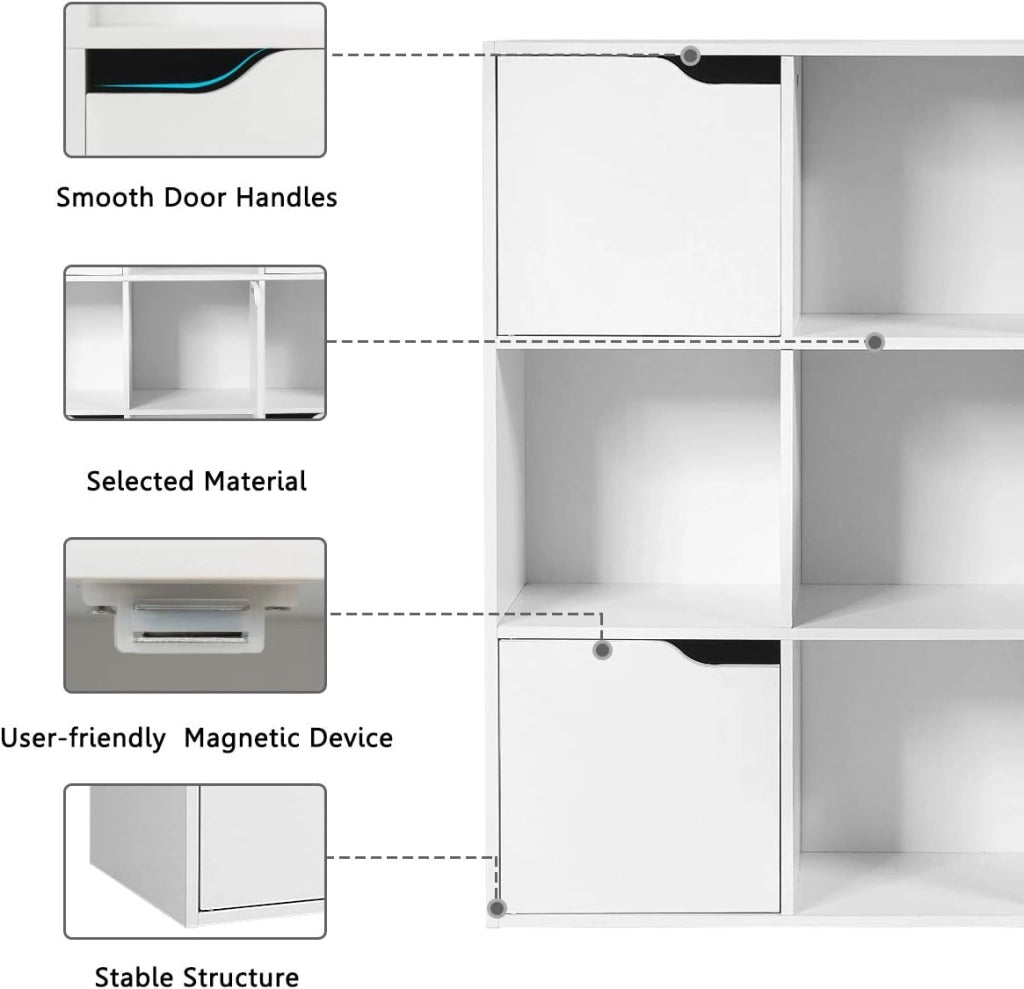 Armadietto Libreria a 3 Livelli, con 6/9 Scomparti, 3/5 Ante, Mobiletto Portalibri Moderno, Multiuso e Salvaspazio, Ideale per Soggiorno, Studio, Ufficio, Camera (Bianco, 60x29x90 cm)