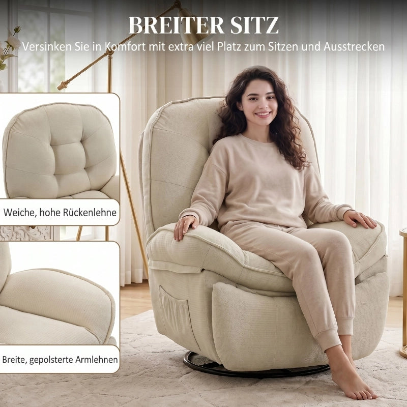 Poltrona relax girevole e reclinabile in tessuto chenille crema con funzione dondolo