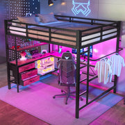 OKWISH Letto a soppalco 140×200 cm, Letto Matrimoniale con LED, Scrivania, Presa, USB, 3 Cassetti, Mensole e Scala, senza Materasso, Nero