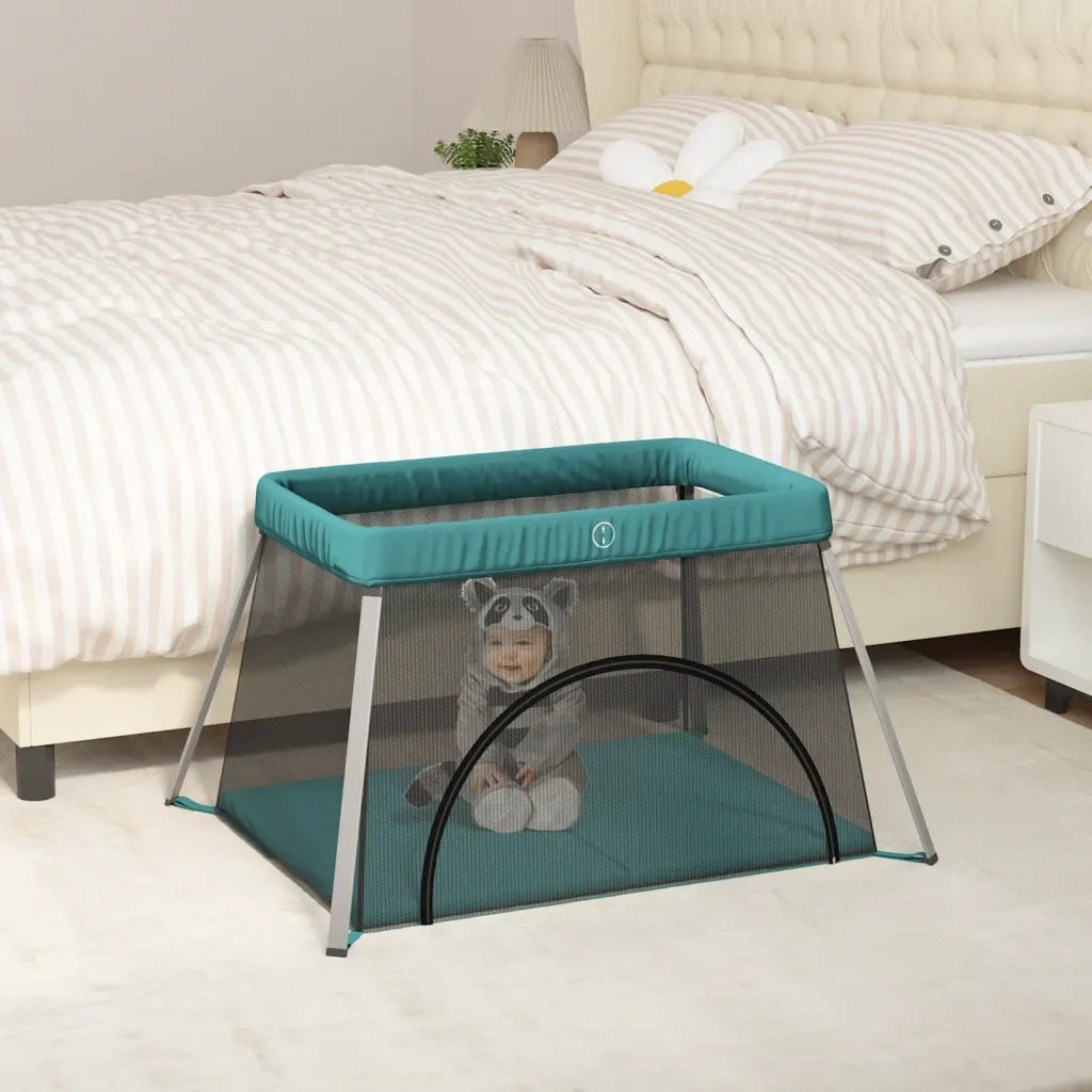 Box per Bambini con Materasso Verde Tessuto di Lino CFW9930161