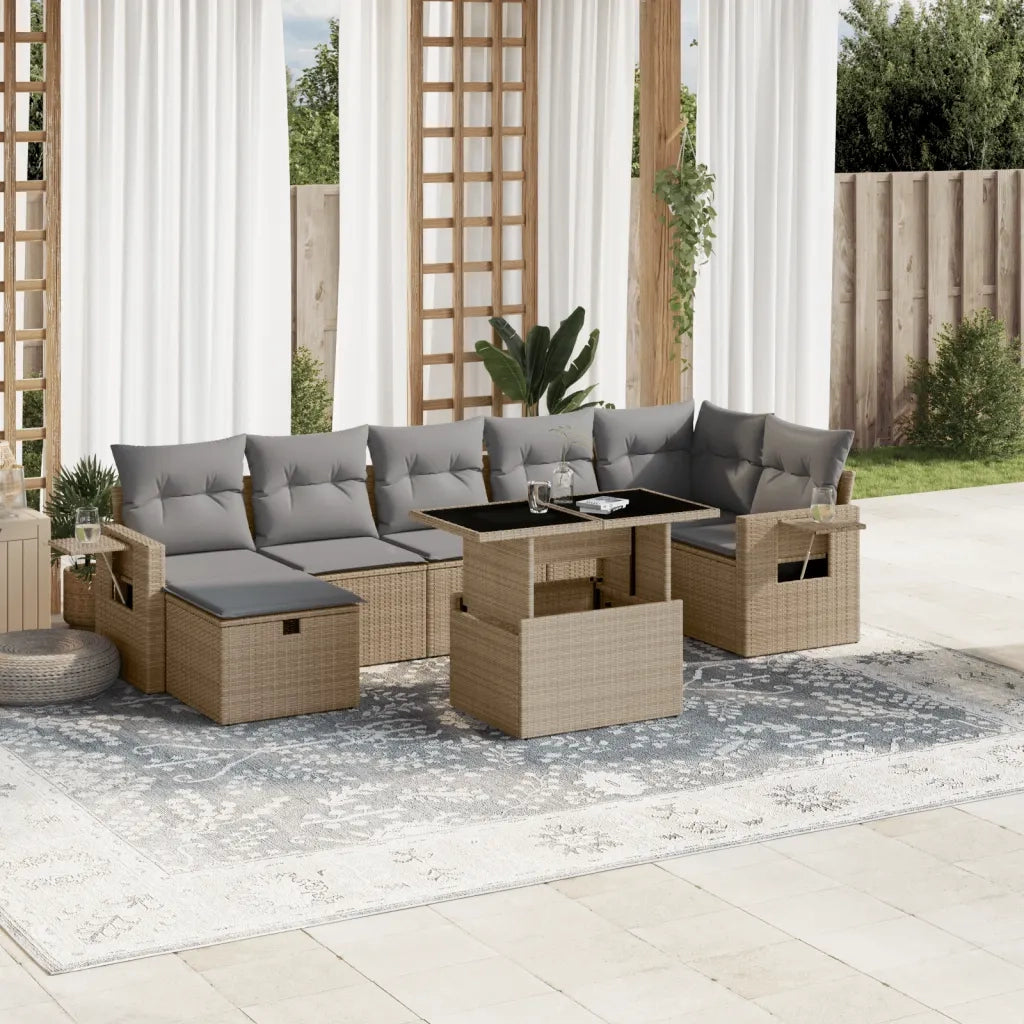 Set Divano da Giardino 8 pz con Cuscini Beige in Polyrattan