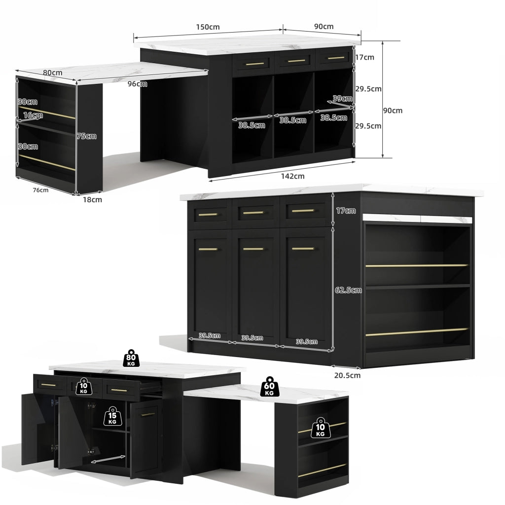Isola da Cucina Nera 150/246x90x90 cm con Tavolo Estraibile 96 cm; Piano Effetto Marmo; 6 Cassetti e Ripiani