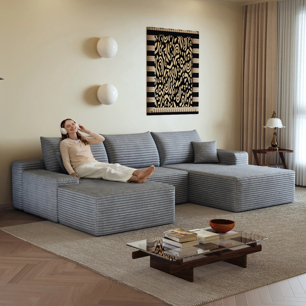 Divano angolare modulare senza montaggio con seduta profonda in tessuto a coste grigio per soggiorno e camera da letto