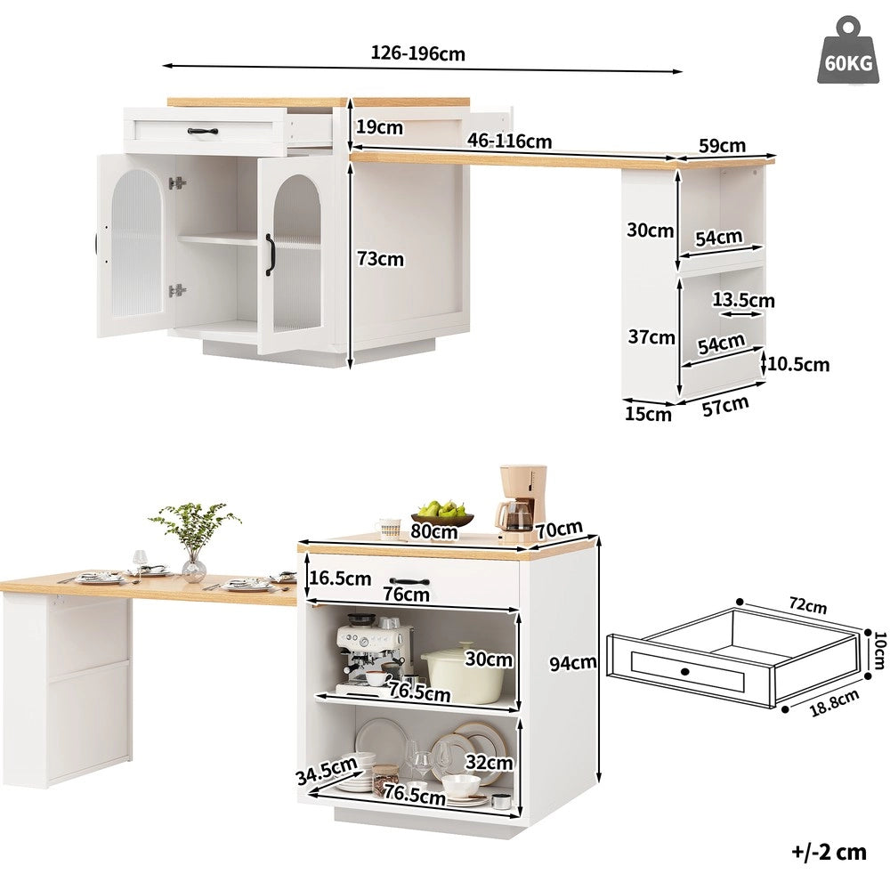 Isola Cucina Allungabile con LED ¨C Xylo ¨C MDF, Cassetti, Ante in Vetro