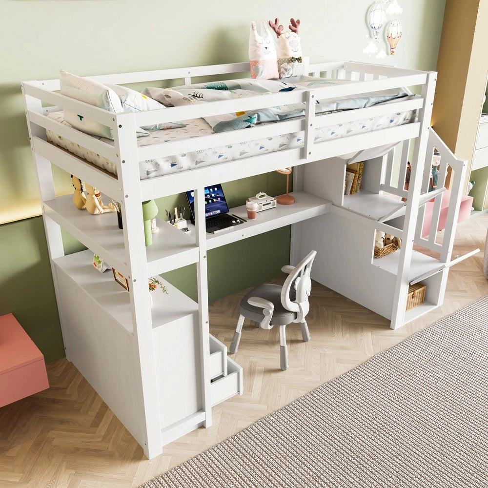 Letto a soppalco con scrivania, cassetti e scaletta contenitore ¨C MINIMAL ¨C 90x200 bianco legno