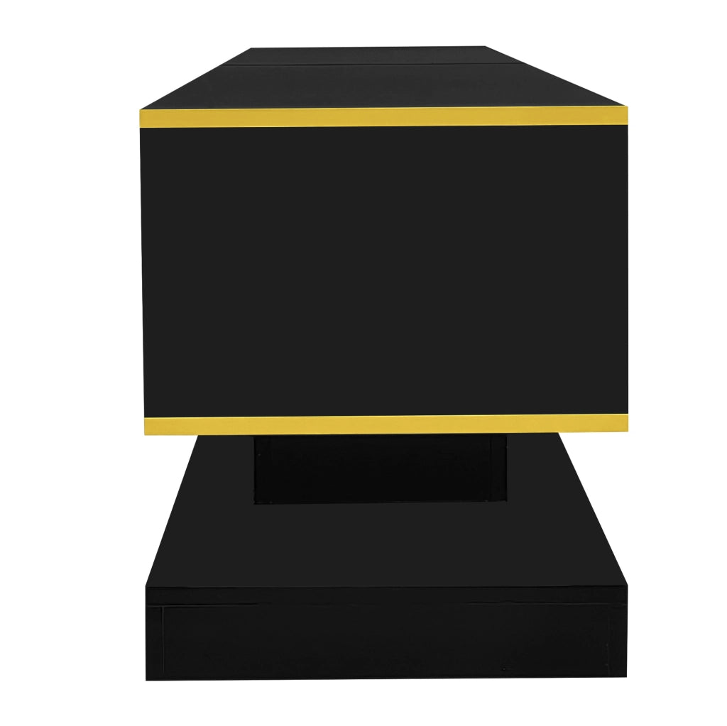 Mobile TV moderno da 180 cm con 3 cassetti; finitura lucida; LED multicolore; nero e oro