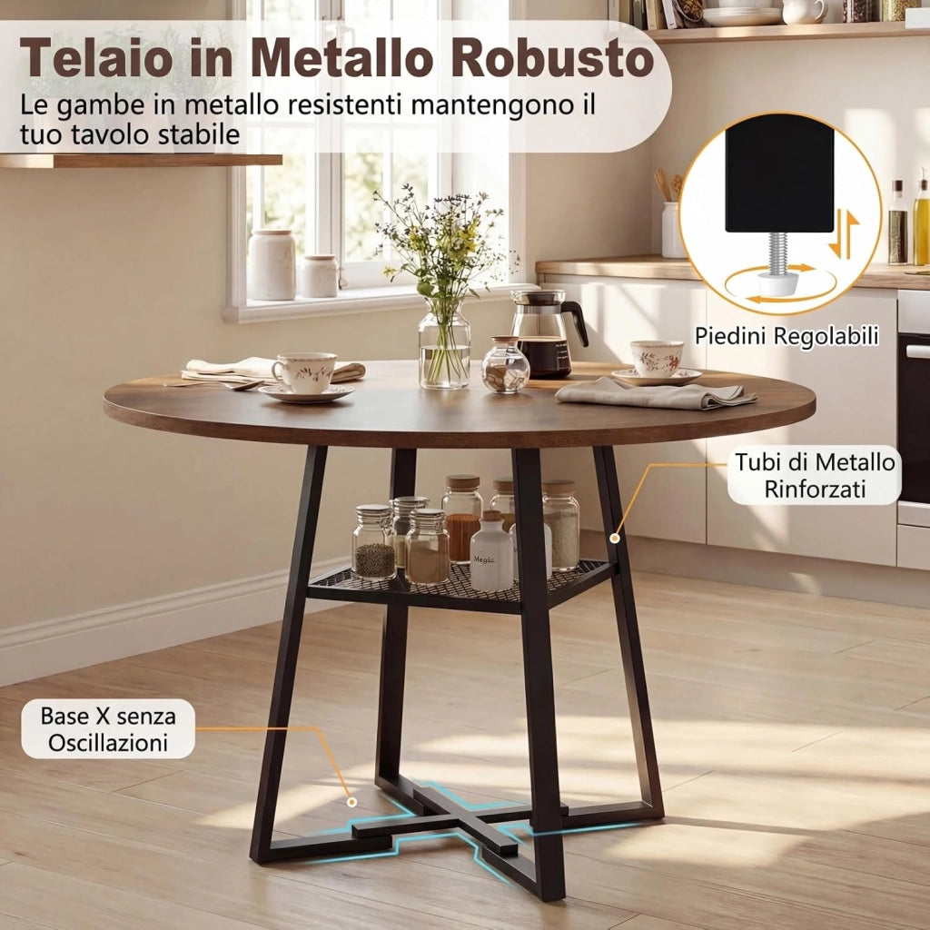 Tavolo da Pranzo Rotondo Ø120 cm, Tavolo da Cucina per 4-6 persone con Ripiano in Rete Metallica, Gambe in Metallo e Base a X Robusta, Stile Industriale, per sala da Pranzo e Soggiorno