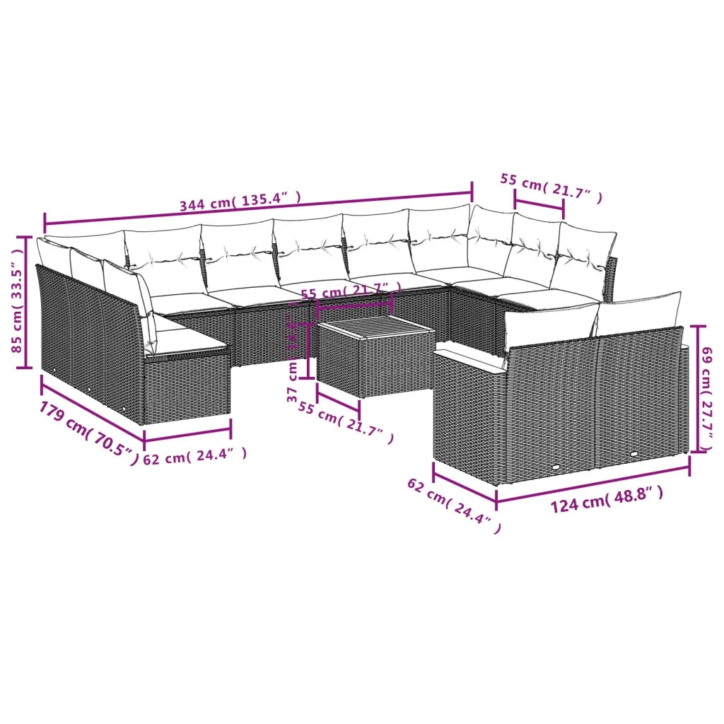 Set Divani da Giardino 13pz con Cuscini Nero in Polyrattan 3226447
