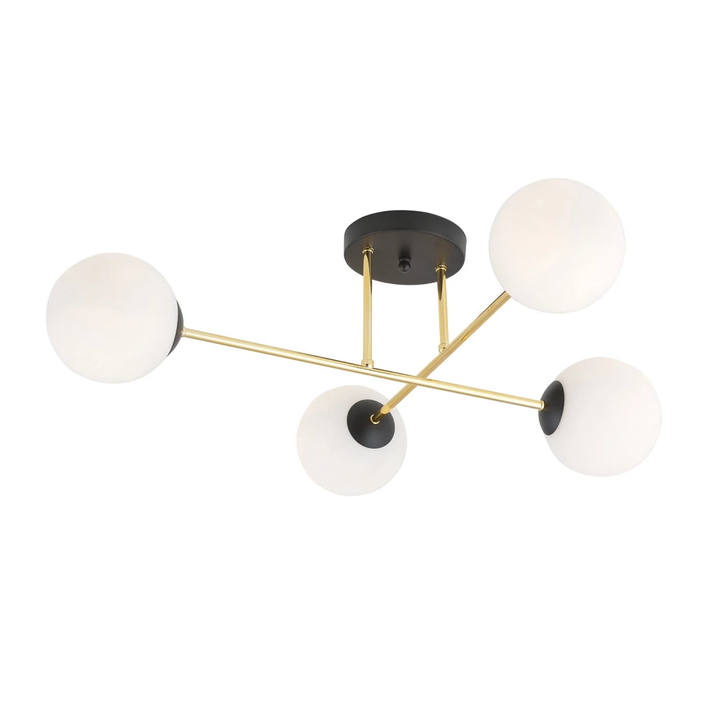 Plafoniera Moderna Magnium 4 Luci In Acciao Nero Oro E Sfere In Vetro Bianco