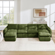 Divano modulare a U senza struttura con seduta ampia e profonda design trapuntato in ciniglia verde con due pouf