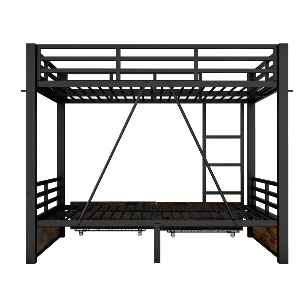 Letto a castello matrimoniale 140 × 200 cm con cassetti, scala e barriere di sicurezza, senza materasso, nero