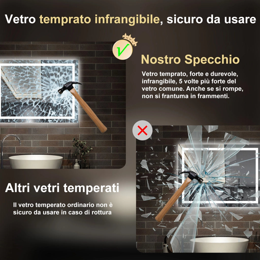 specchio rettangolare 100 x 60 cm con luce led antiappannamento e touch