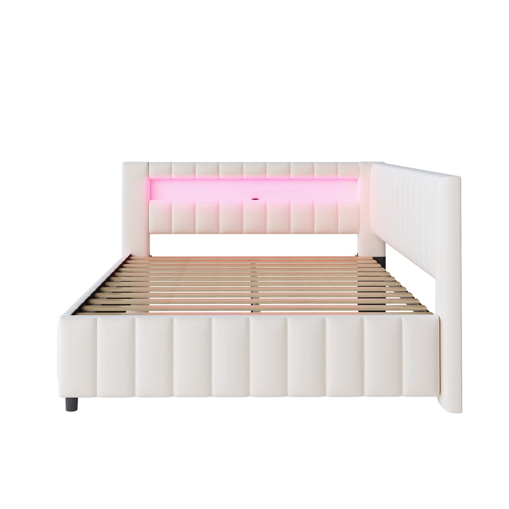 Letto imbottito 140x200 con LED e USB in velluto beige