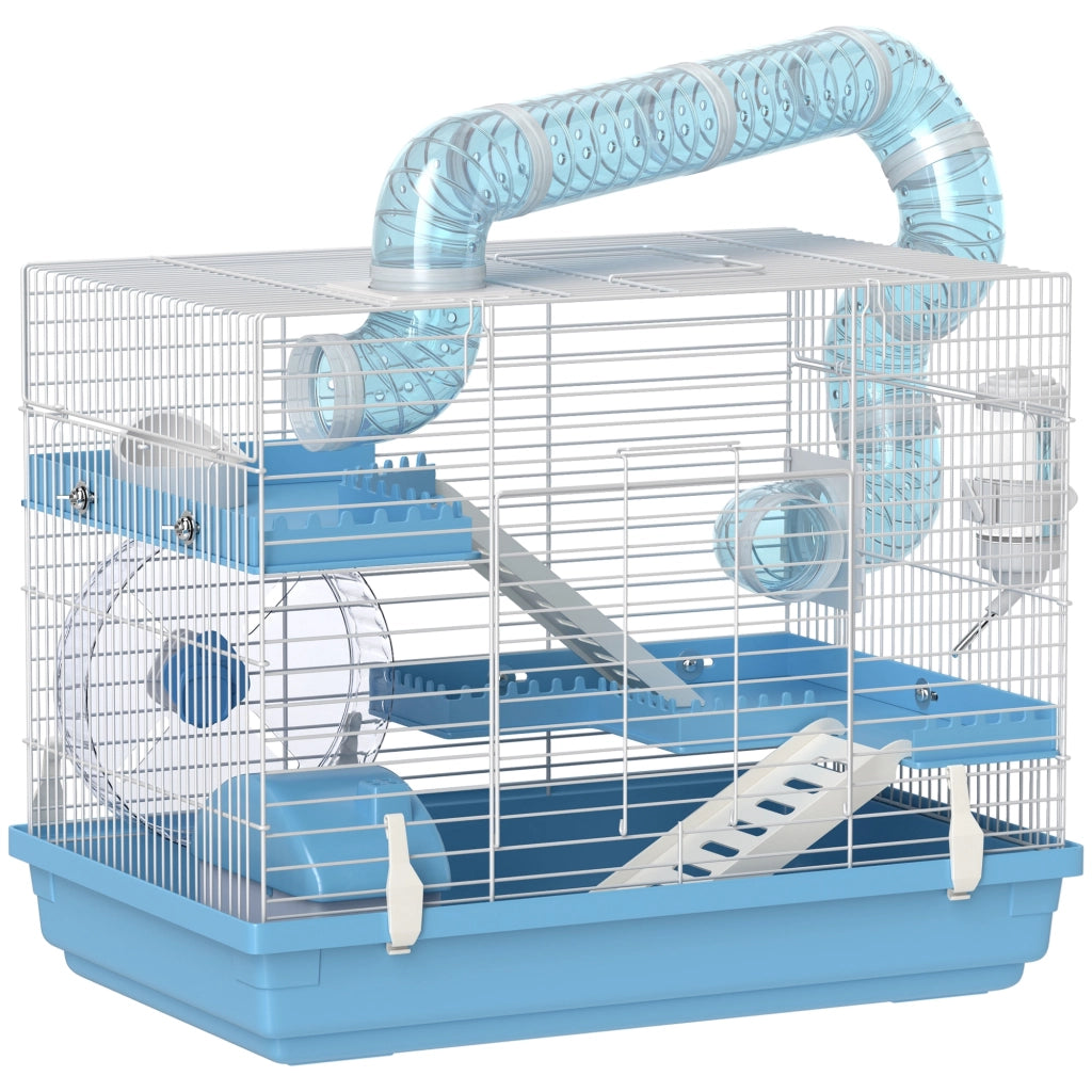 Gabbia per Criceti a 3 Piani con Casetta, Ruota e Accessori ¨C zephmum ¨C Azzurro