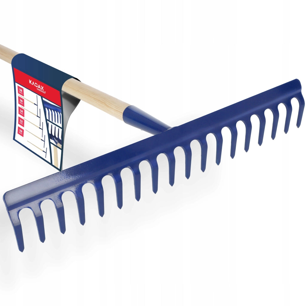 Rastrello da giardino KADAX con manico in legno, lunghezza 150 cm, denti in acciaio temprato, 18 denti.