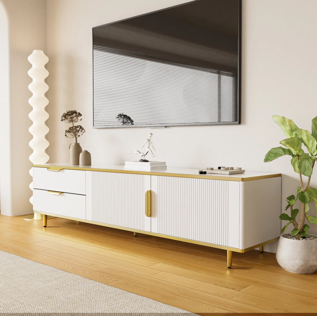 Mobile TV moderno bianco e oro con 2 cassetti e vani contenitore, 170 cm