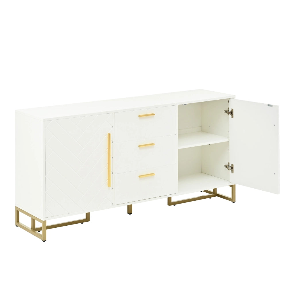Credenza con Motivo a Spina di Pesce ¨C MINIMAL ¨C Bianco, 2 Ante, 3 Cassetti