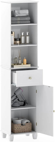 Mobile alto 172 cm, armadio da bagno sottile con 3 ripiani aperti, 1 cassetto, 1 anta e ripiano regolabile, 40 x 30 cm, mobile da bagno indipendente per cucina e soggiorno