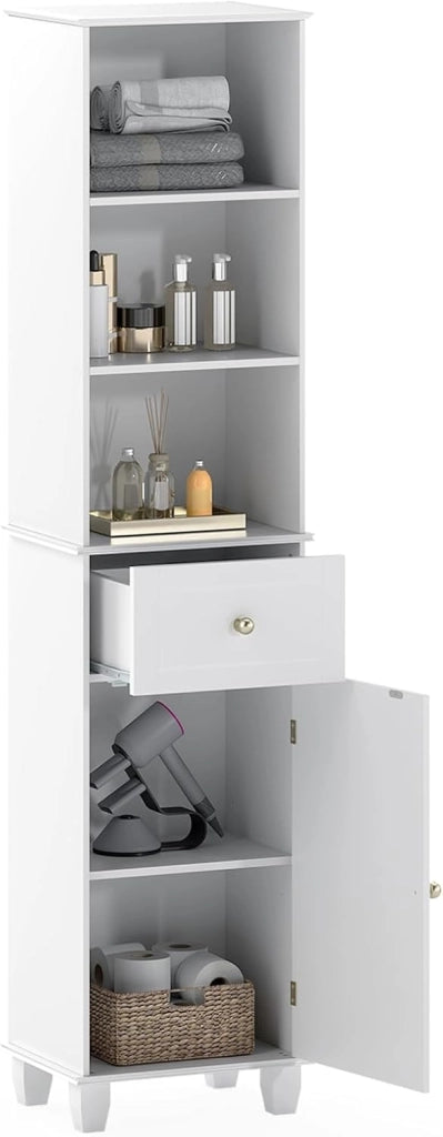 Mobile alto 172 cm, armadio da bagno sottile con 3 ripiani aperti, 1 cassetto, 1 anta e ripiano regolabile, 40 x 30 cm, mobile da bagno indipendente per cucina e soggiorno