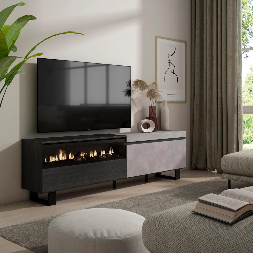 Mobile TV, 200x35x57cm, soggiorno, Per TV fino a 80", Camino elettrico, Design industriale, grigio cemento RF2236