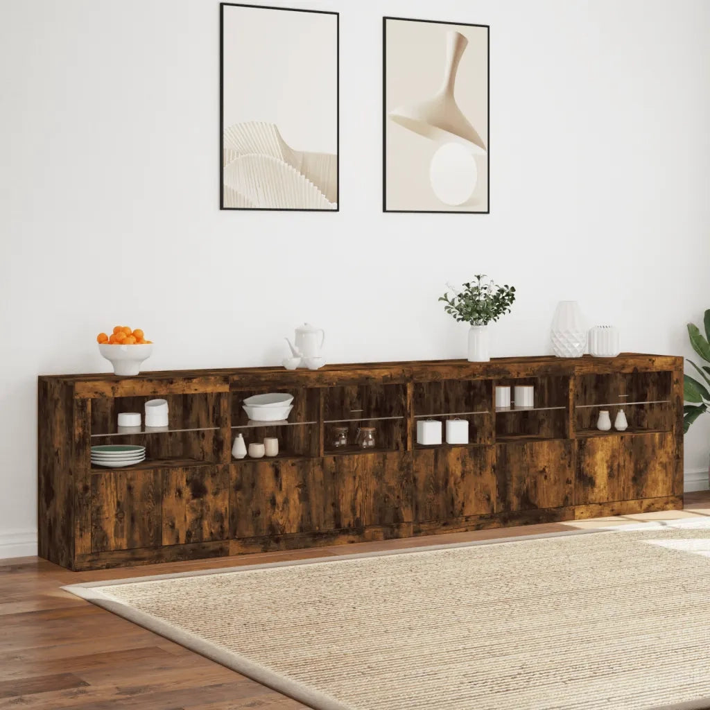 Credenza con Luci LED Rovere Fumo 283x37x67 cm 3209020