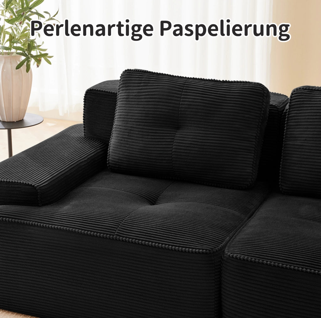 Divano modulare senza montaggio 382x104x69 cm in velluto a coste nero con seduta profonda