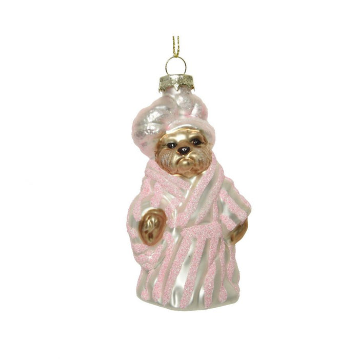 Pallina in vetro di natale  cane con vestaglia da notte e cuffia doccia