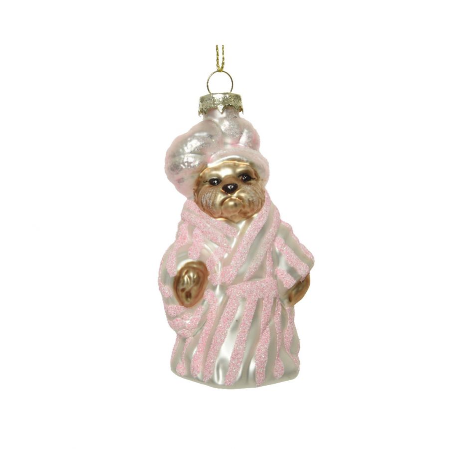 Pallina in vetro di natale  cane con vestaglia da notte e cuffia doccia