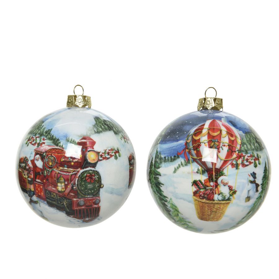 Pallina di natale da appendere c/trenino o mongolfiera diam 8cm prezzo cad uno