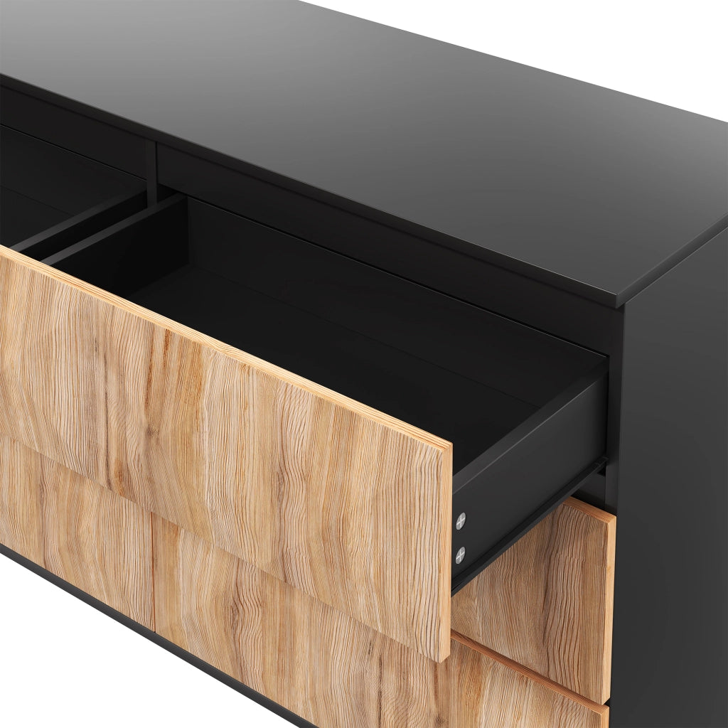 Credenza con 6 Cassetti; Frontali in Rilievo e Maniglie a Scomparsa; Stile Moderno; in MDF; Nero e Naturale; 120??40??85 cm