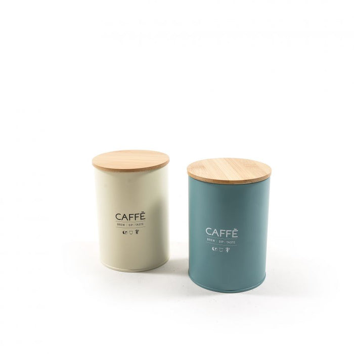 Barattolo caffe' in metallo con coperchio in bambu' diam 11xh.15 cm colori assor