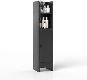 Mobiletto Bagno, Credenza da Terra in Legno per Angoli con Porta e Ripiani Regolabili, Credenza Stretta Salvaspazia per Porta Carta Igienica, Ideale per Bagno e Cucina (Nero)
