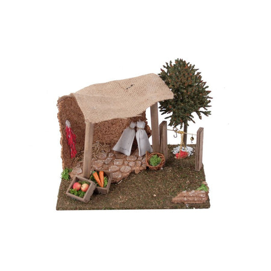 Capanno con frutta e bilancia per presepi e modellismo