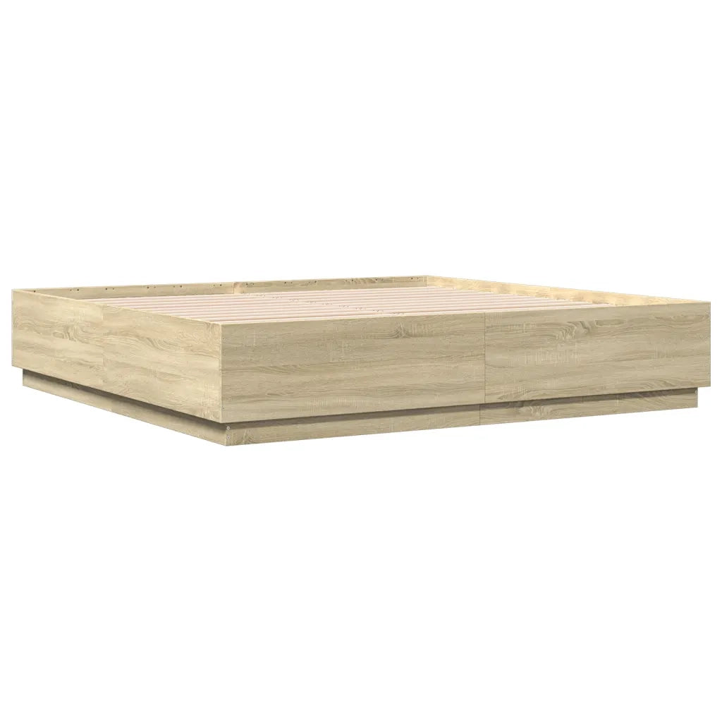 Letto matrimoniale | Letto per adulti | Giroletto Cassetti Luci LED Sonoma 200x200 cm Legno Multistrato