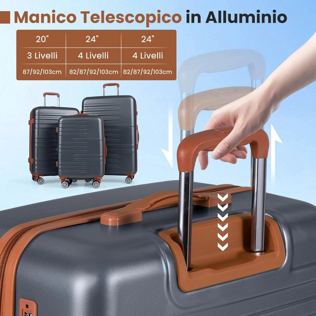 Set di Valigie Rigide 3 Pezzi, Set Valigia da Viaggio in ABS con TSA Lucchetto, Manico Telescopico in Alluminio e Ruote Piroettanti, 20", 24", 28" (Grigio)