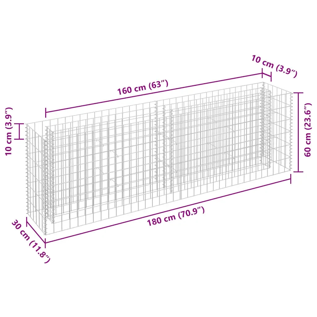Gabbione Letto Rialzato in Acciaio Zincato 180x30x60 cm cod mxl 49615