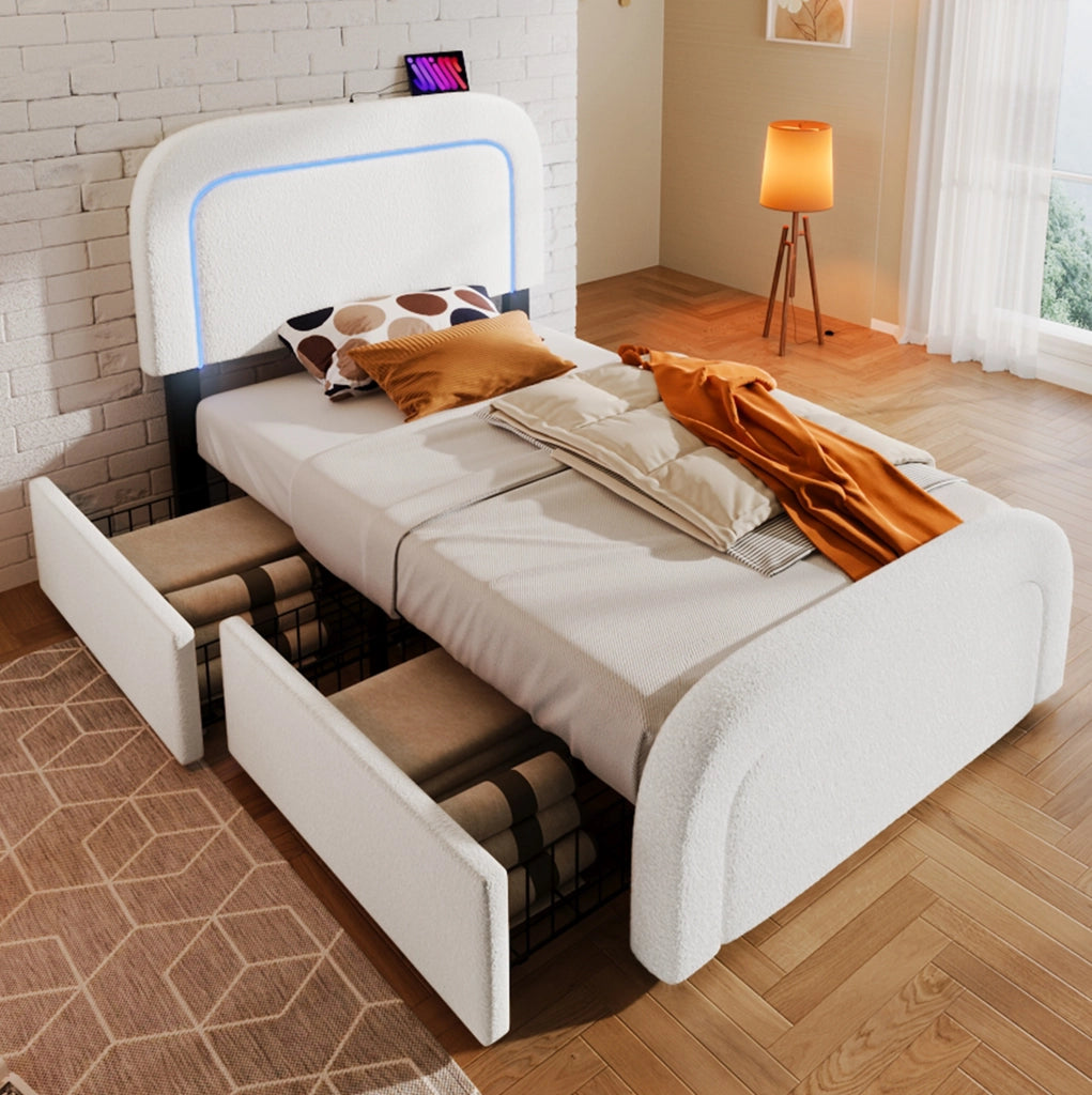 Letto singolo imbottito 90x200 cm con materasso, LED e USB-C