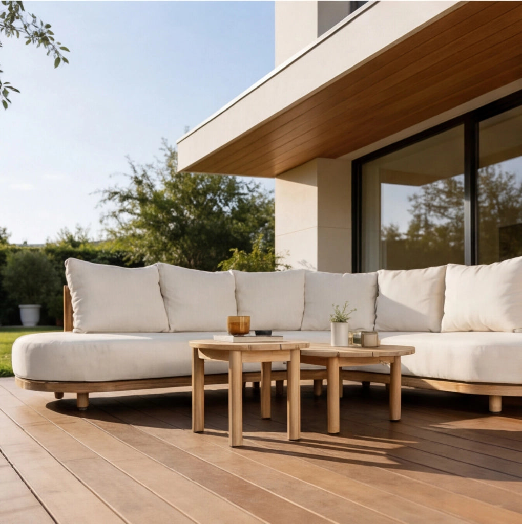 Set di mobili da giardino a 5 posti in acacia con cuscini beige LAGOA